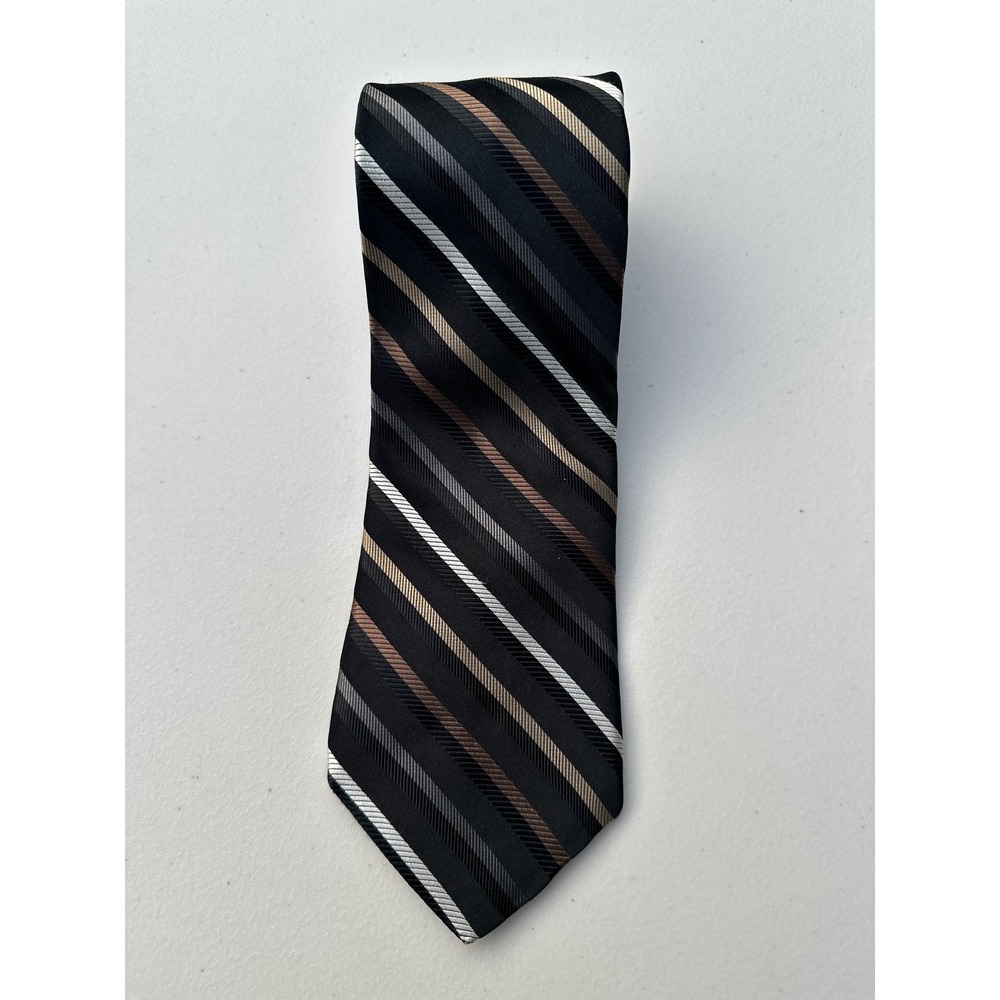 Nicole Miller New York Mens Silk Necktie Black Grey Bronze Striped Formal Tie